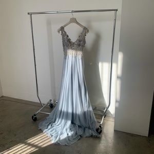Blue Gray Gown With Sequin Floral Design
